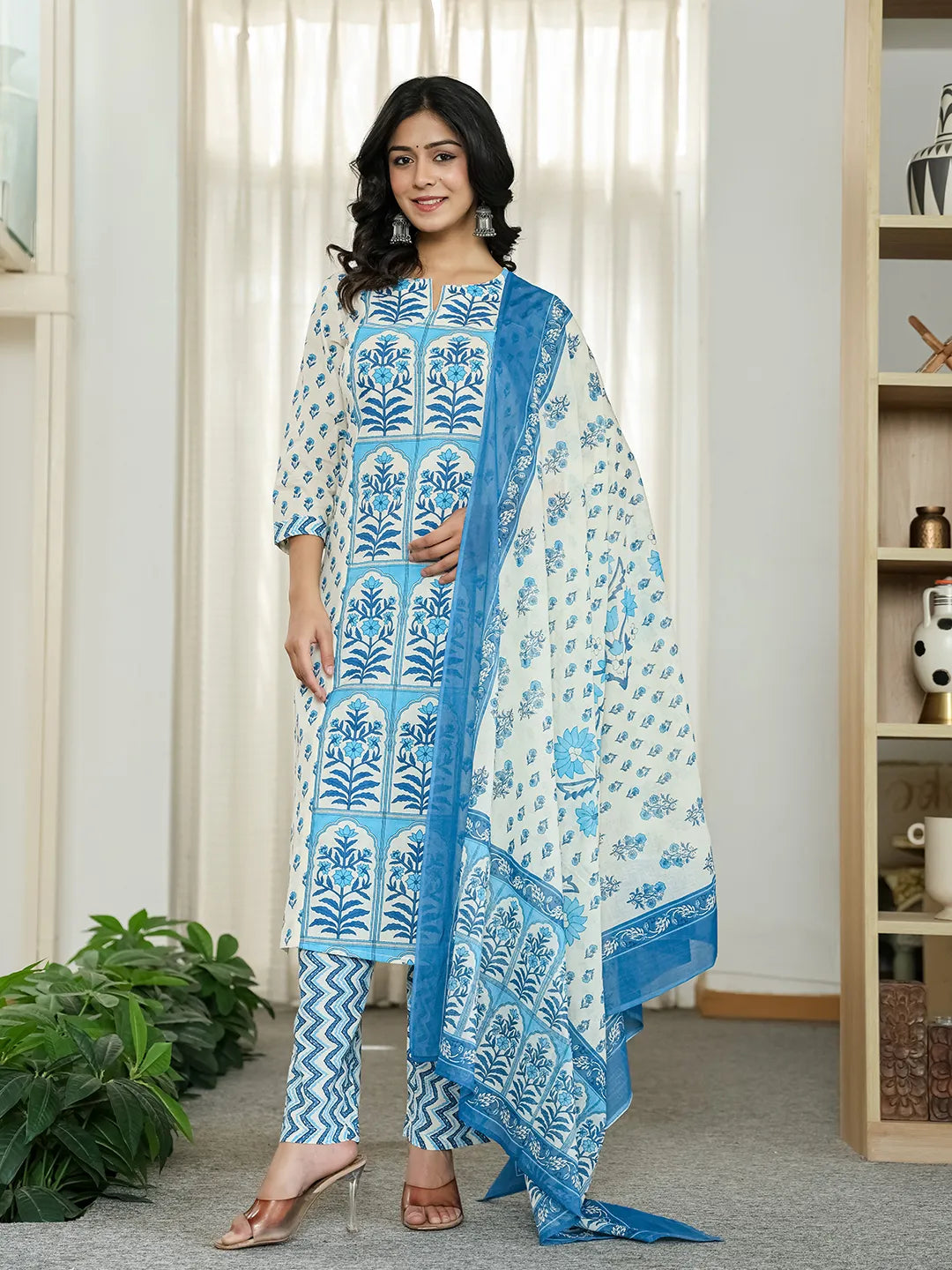 Yufta Blue And White Ethnic Motifs Straight Kurta Trouser Dupatta Set | Grocsy