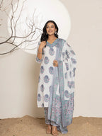 Yufta Blue & White Floral Print Cotton Straight Kurta Dupatta Set | Grocsy
