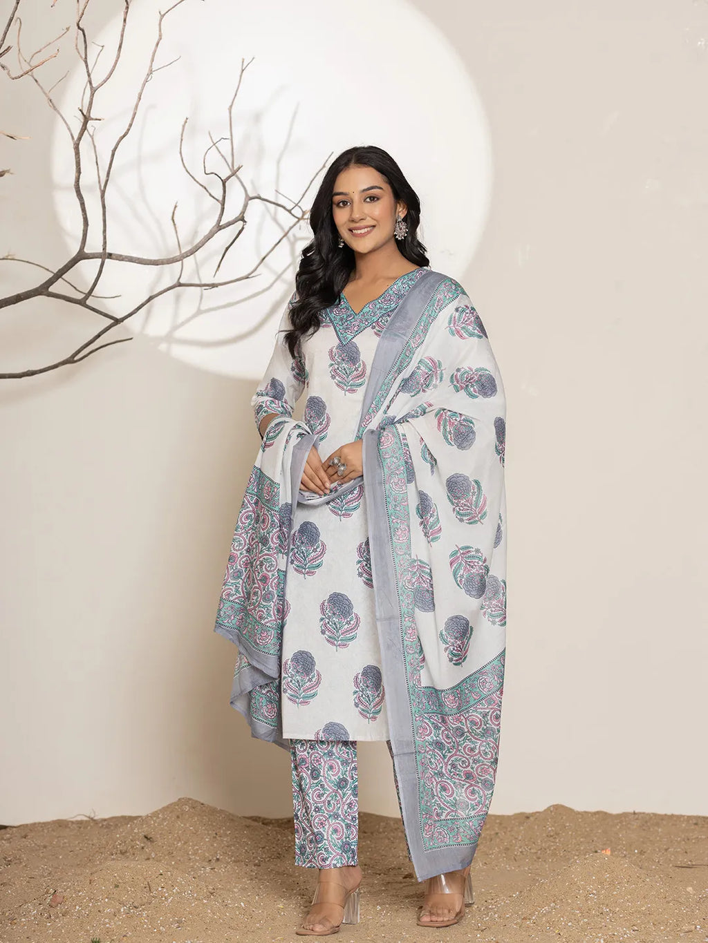 Yufta Blue & White Floral Print Cotton Straight Kurta Dupatta Set | Grocsy