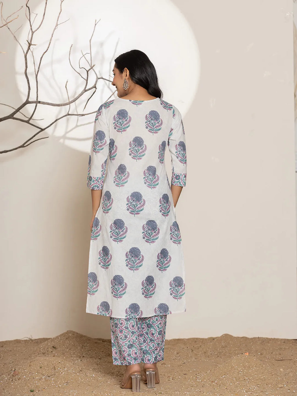 Yufta Blue & White Floral Print Cotton Straight Kurta Dupatta Set | Grocsy