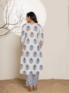 Yufta Blue & White Floral Print Cotton Straight Kurta Dupatta Set | Grocsy