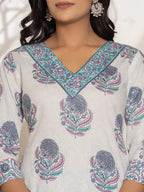 Yufta Blue & White Floral Print Cotton Straight Kurta Dupatta Set | Grocsy