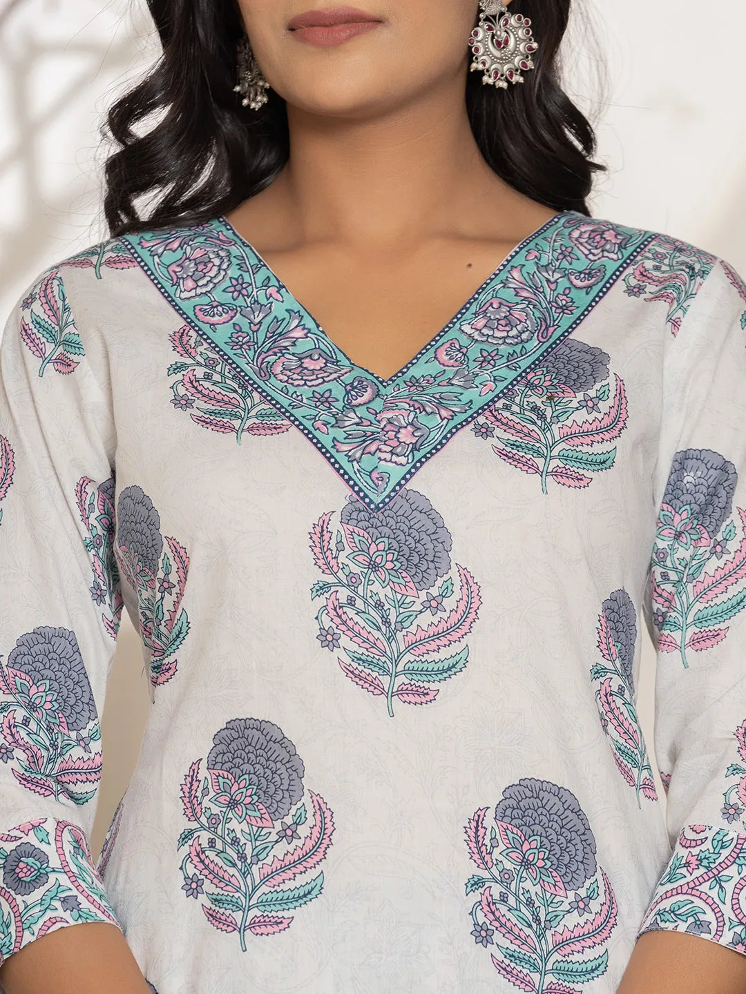 Yufta Blue & White Floral Print Cotton Straight Kurta Dupatta Set | Grocsy