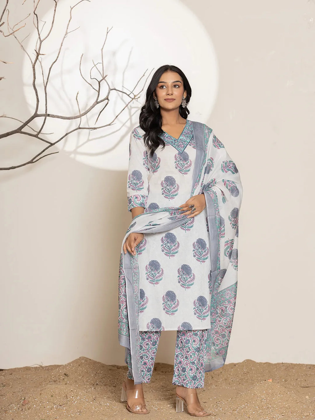 Yufta Blue & White Floral Print Cotton Straight Kurta Dupatta Set | Grocsy