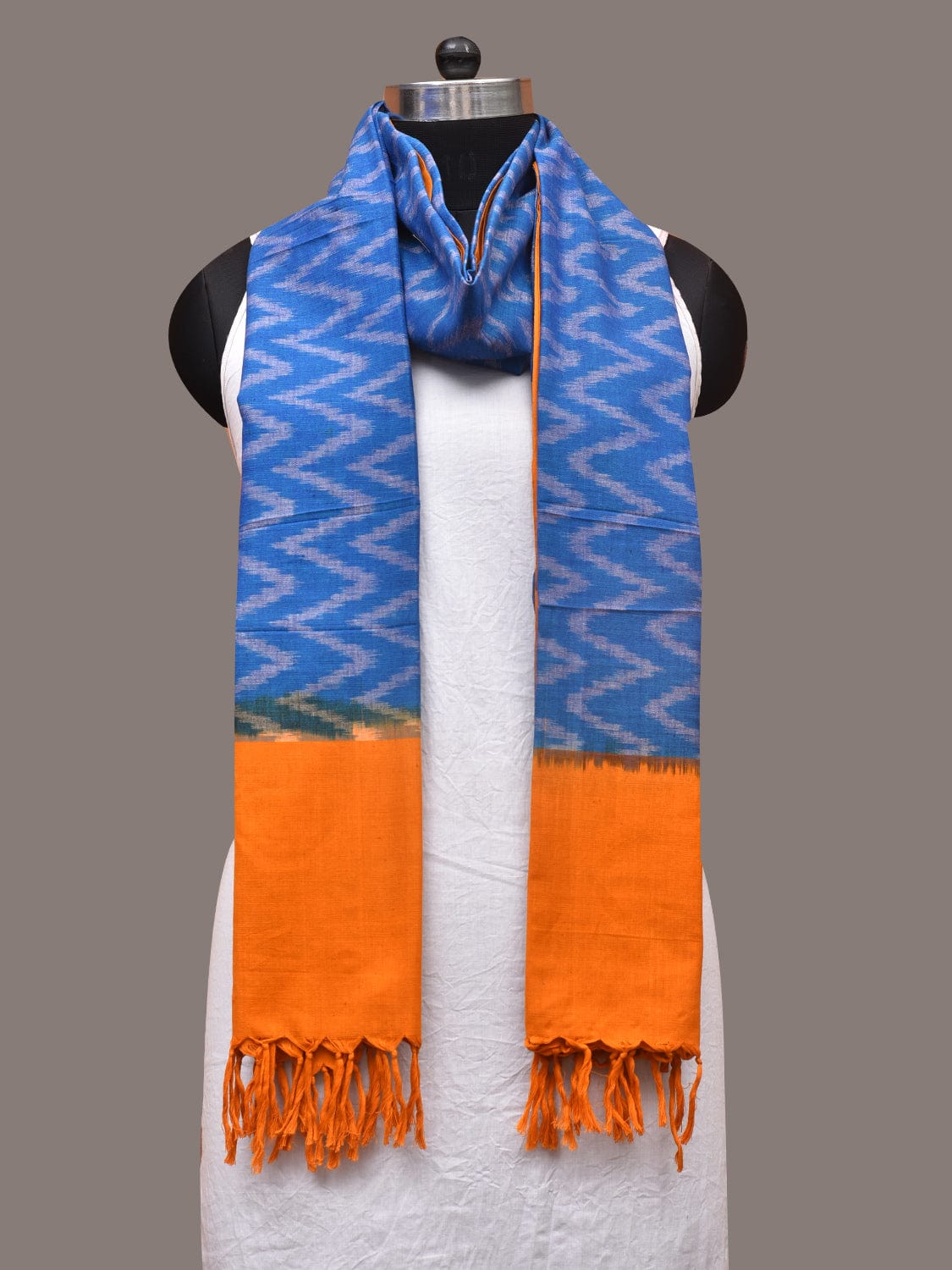Blue and Yellow Pochamaplly Ikat Cotton Handloom Dupatta with Zig-Zag Design - Global Threads | Grocsy