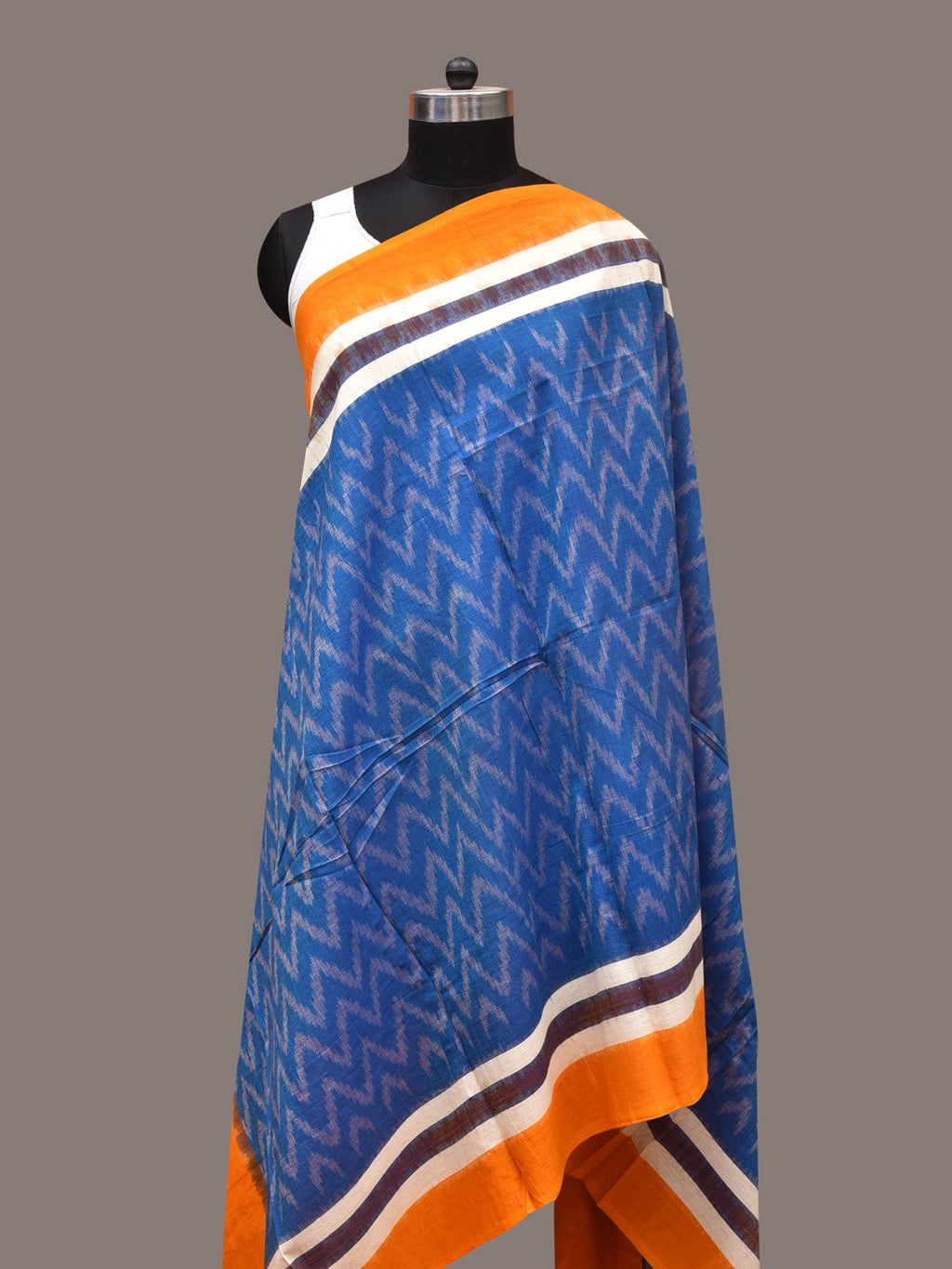 Blue and Yellow Pochamaplly Ikat Cotton Handloom Dupatta with Zig-Zag Design - Global Threads | Grocsy