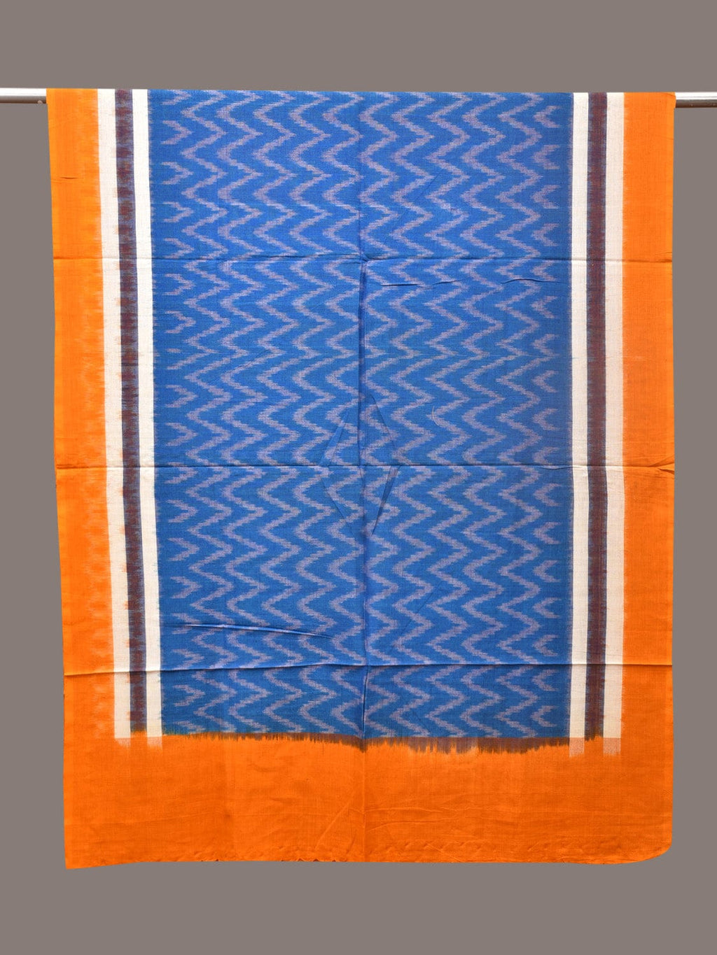Blue and Yellow Pochamaplly Ikat Cotton Handloom Dupatta with Zig-Zag Design - Global Threads | Grocsy