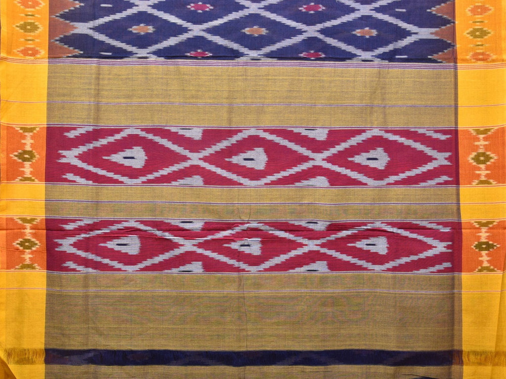 Blue and Yellow Pochampally Ikat Cotton Handloom Saree with Grill Design No Blouse - Global Threads | Grocsy