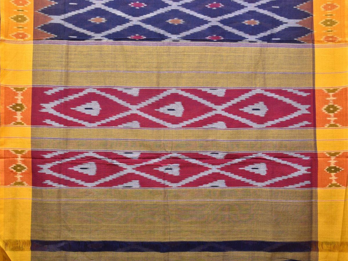 Blue and Yellow Pochampally Ikat Cotton Handloom Saree with Grill Design No Blouse - Global Threads | Grocsy