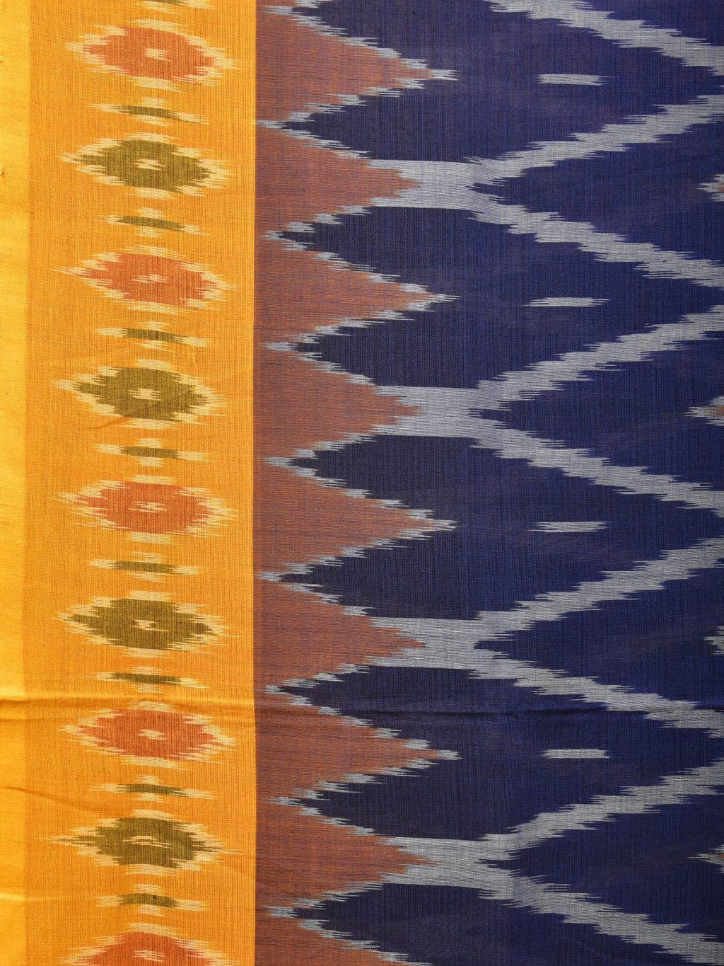 Blue and Yellow Pochampally Ikat Cotton Handloom Saree with Grill Design No Blouse - Global Threads | Grocsy