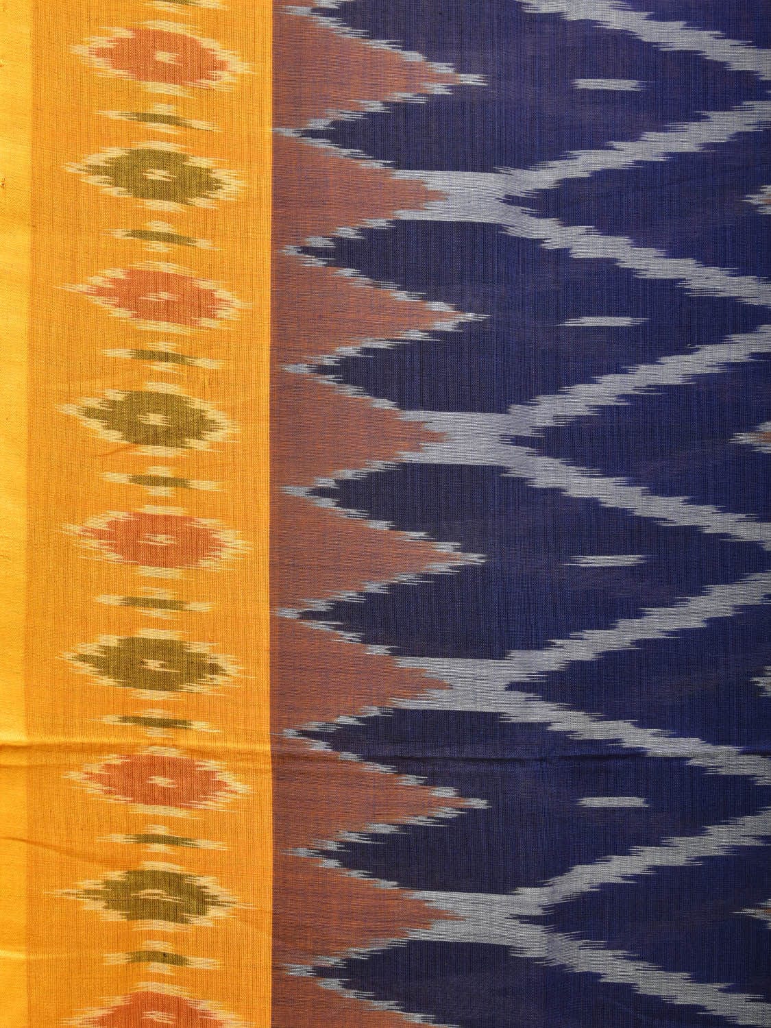 Blue and Yellow Pochampally Ikat Cotton Handloom Saree with Grill Design No Blouse - Global Threads | Grocsy