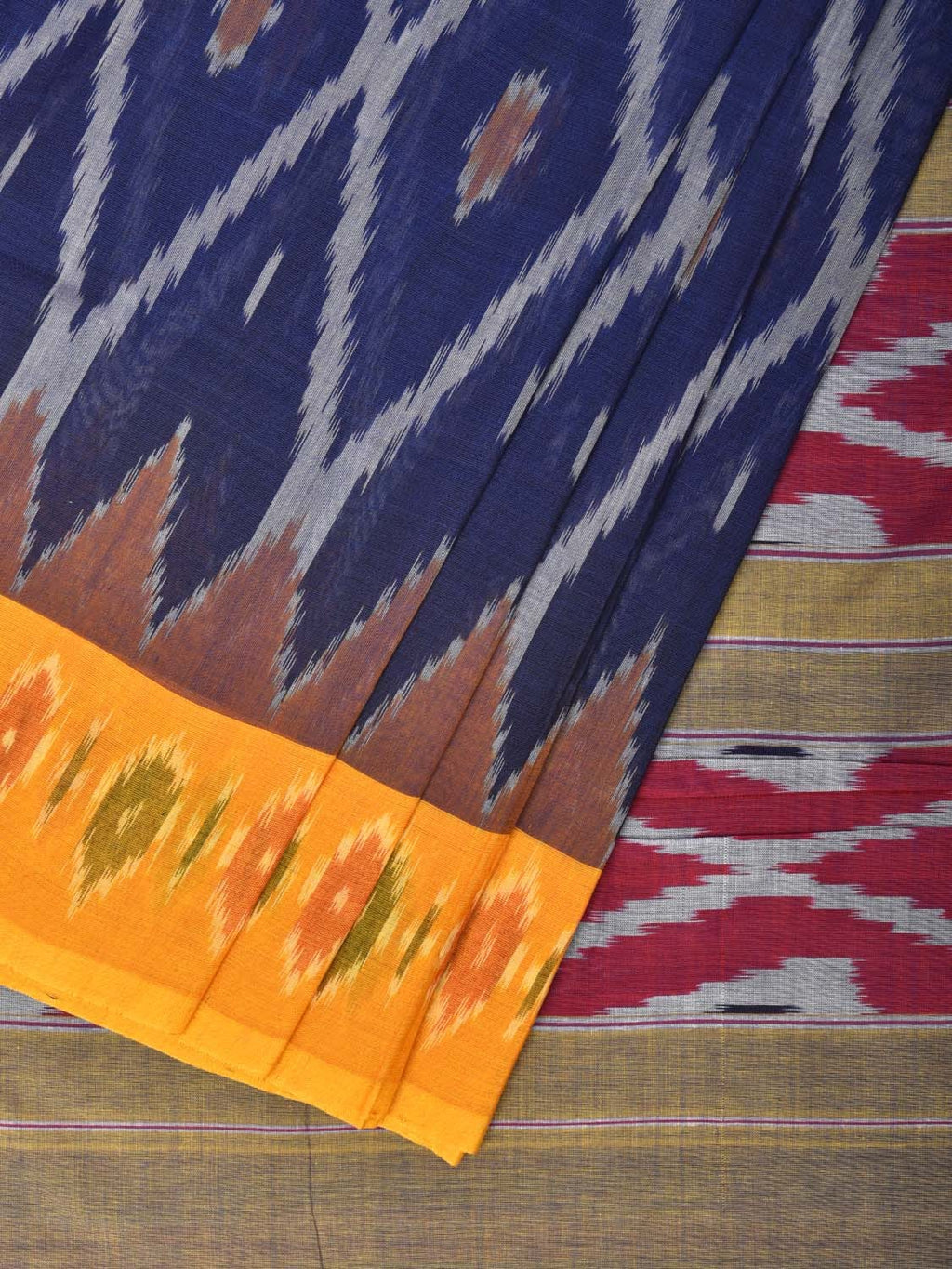 Blue and Yellow Pochampally Ikat Cotton Handloom Saree with Grill Design No Blouse - Global Threads | Grocsy