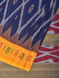 Blue and Yellow Pochampally Ikat Cotton Handloom Saree with Grill Design No Blouse - Global Threads | Grocsy