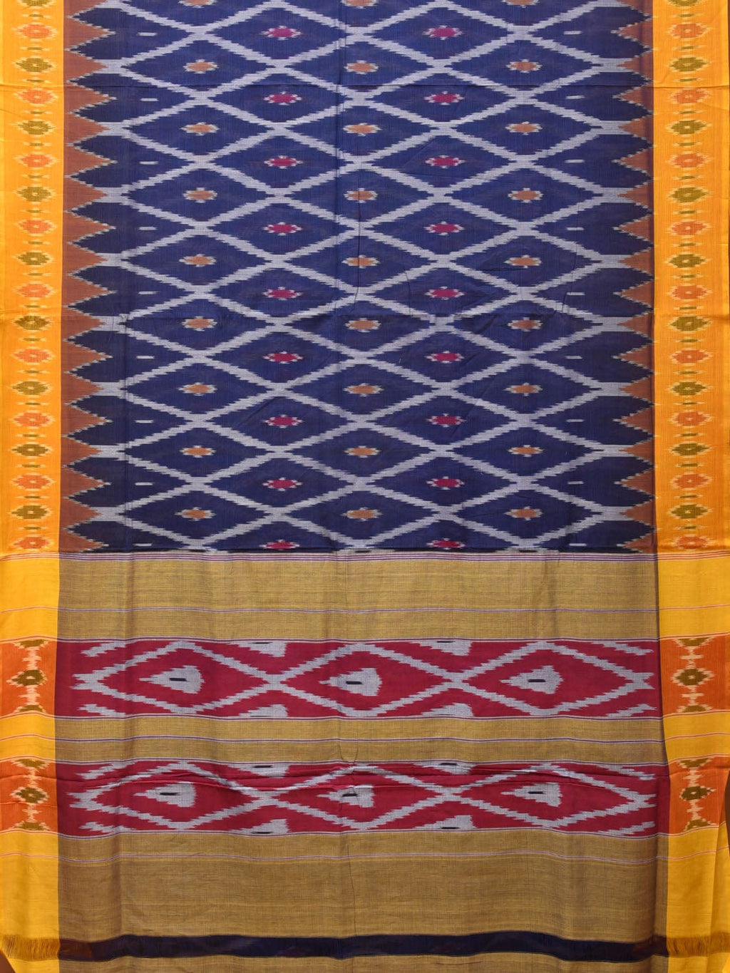 Blue and Yellow Pochampally Ikat Cotton Handloom Saree with Grill Design No Blouse - Global Threads | Grocsy