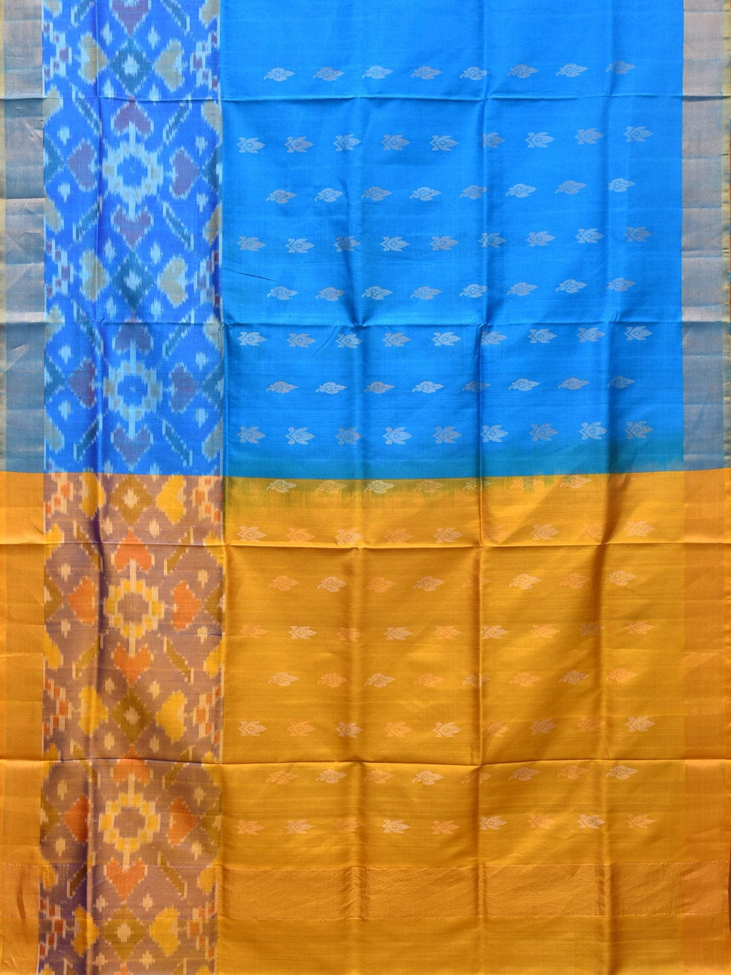 Blue and Yellow Uppada Silk Handloom Saree with Buta and Ikat Border Design - Global Threads | Grocsy