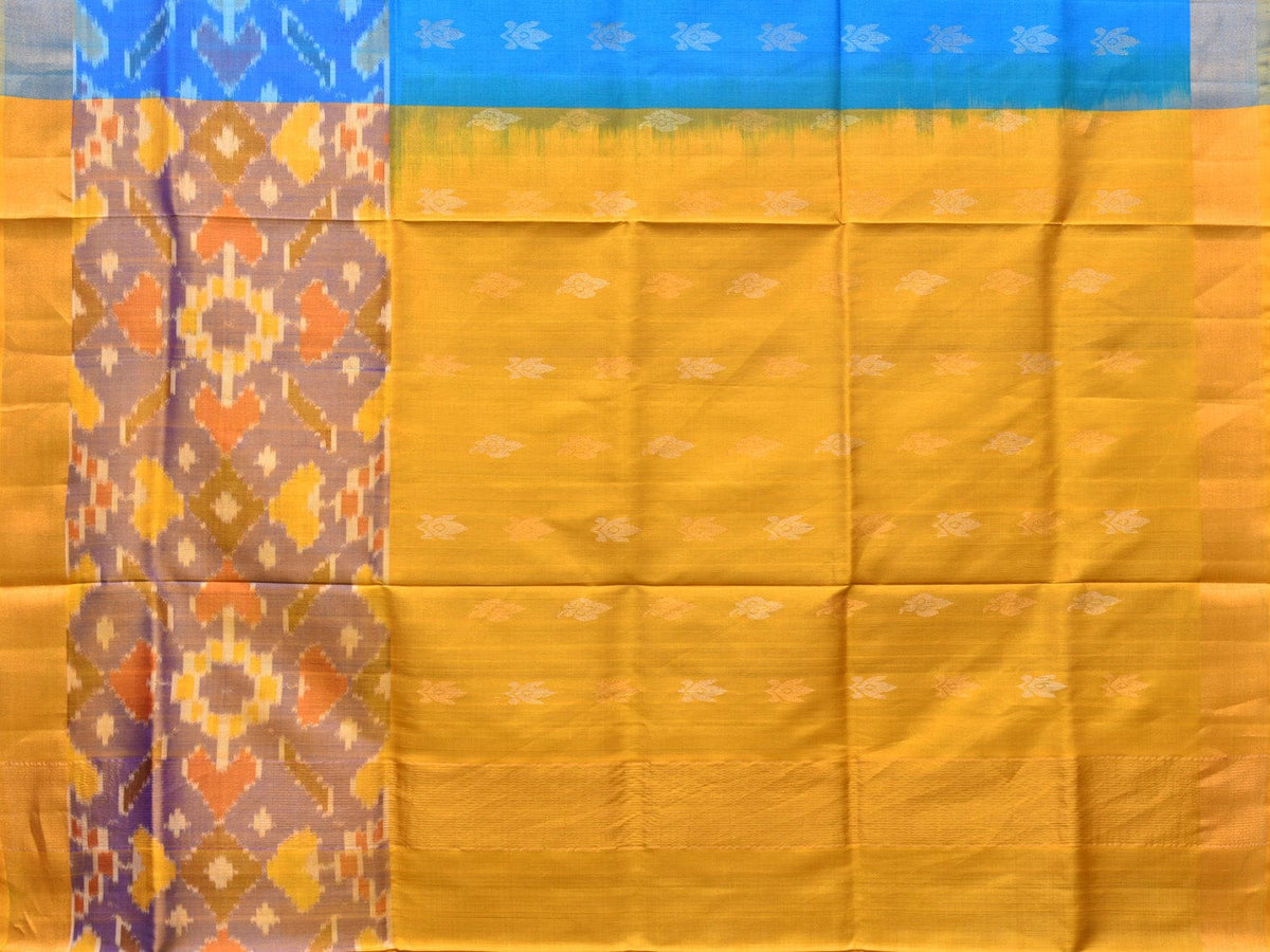 Blue and Yellow Uppada Silk Handloom Saree with Buta and Ikat Border Design - Global Threads | Grocsy