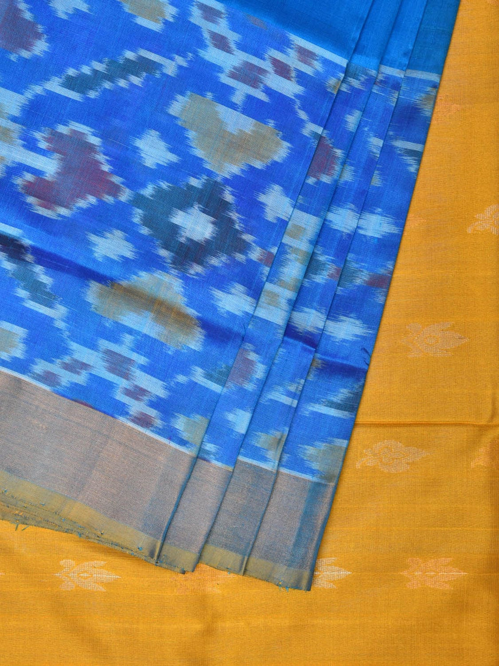 Blue and Yellow Uppada Silk Handloom Saree with Buta and Ikat Border Design - Global Threads | Grocsy