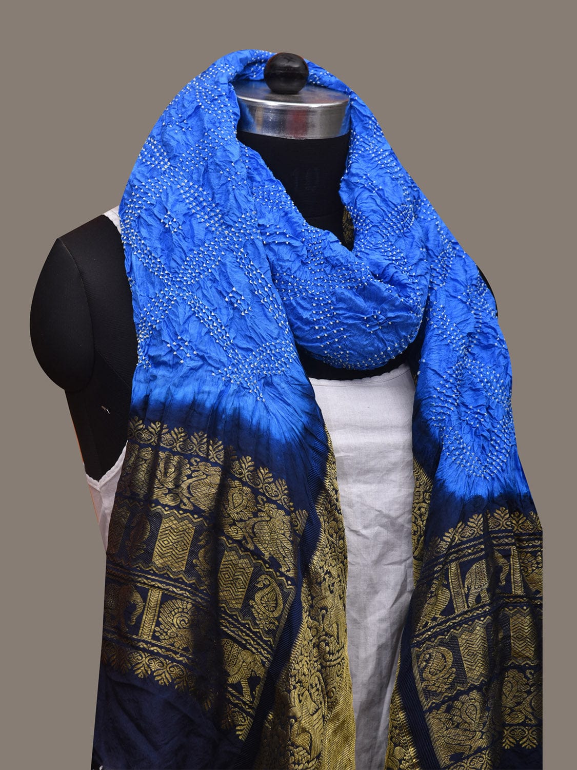 Blue Bandhani Kanchipuram Silk Handloom Dupatta with Border Design - Global Threads | Grocsy