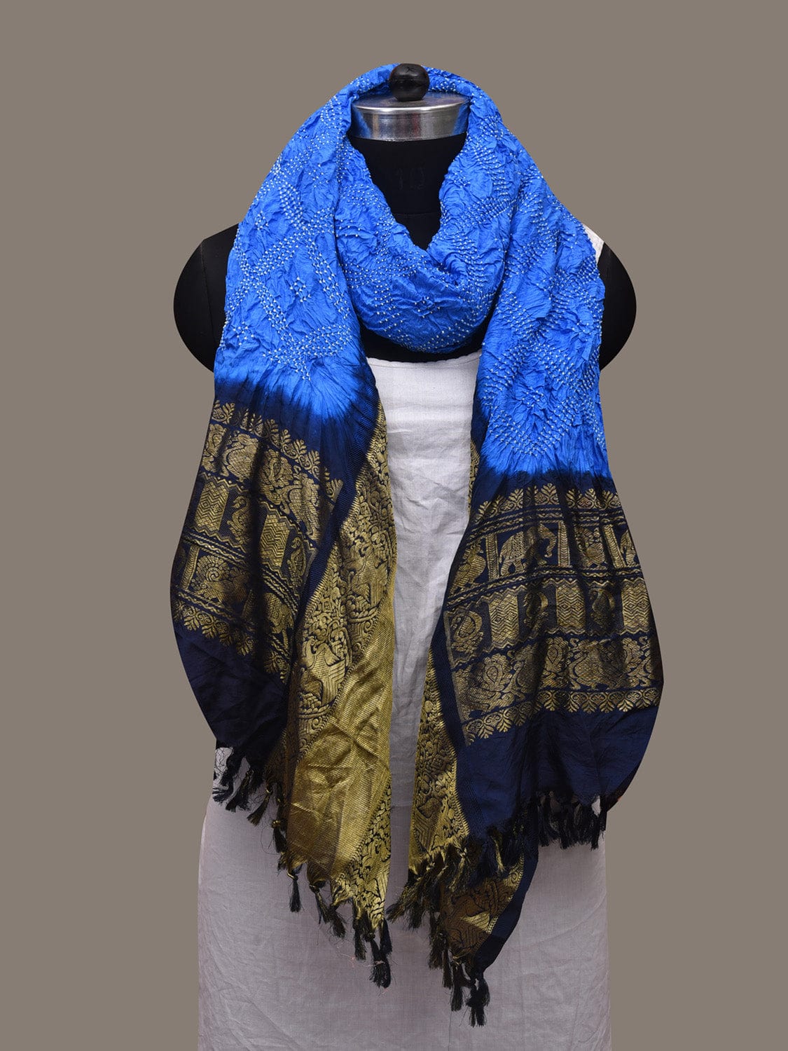 Blue Bandhani Kanchipuram Silk Handloom Dupatta with Border Design - Global Threads | Grocsy