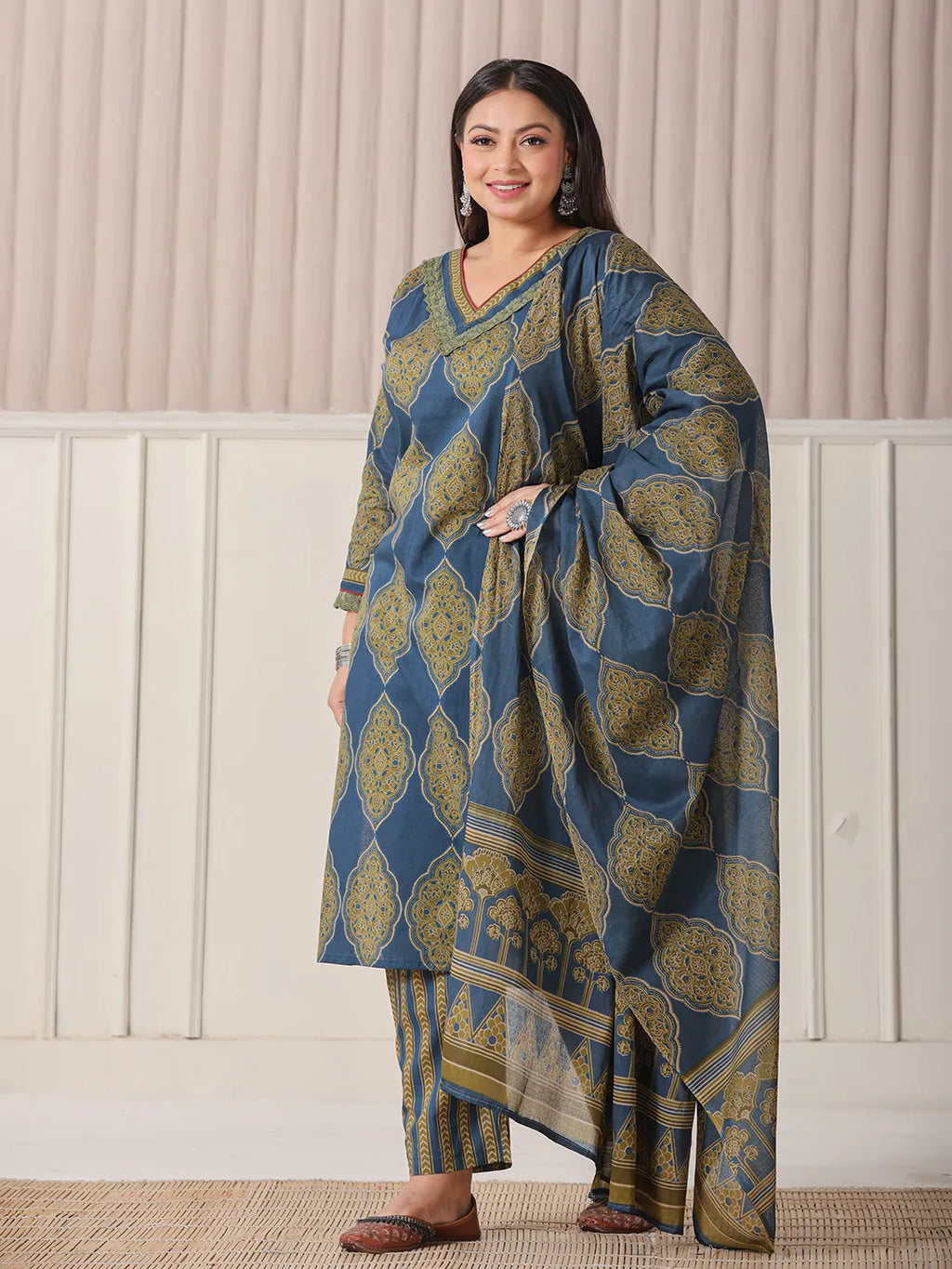 Yufta Blue Block Print Cotton Lace Work Plus Size Kurta Set With Pant & Dupatta | Grocsy