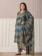 Yufta Blue Block Print Cotton Lace Work Plus Size Kurta Set With Pant & Dupatta | Grocsy