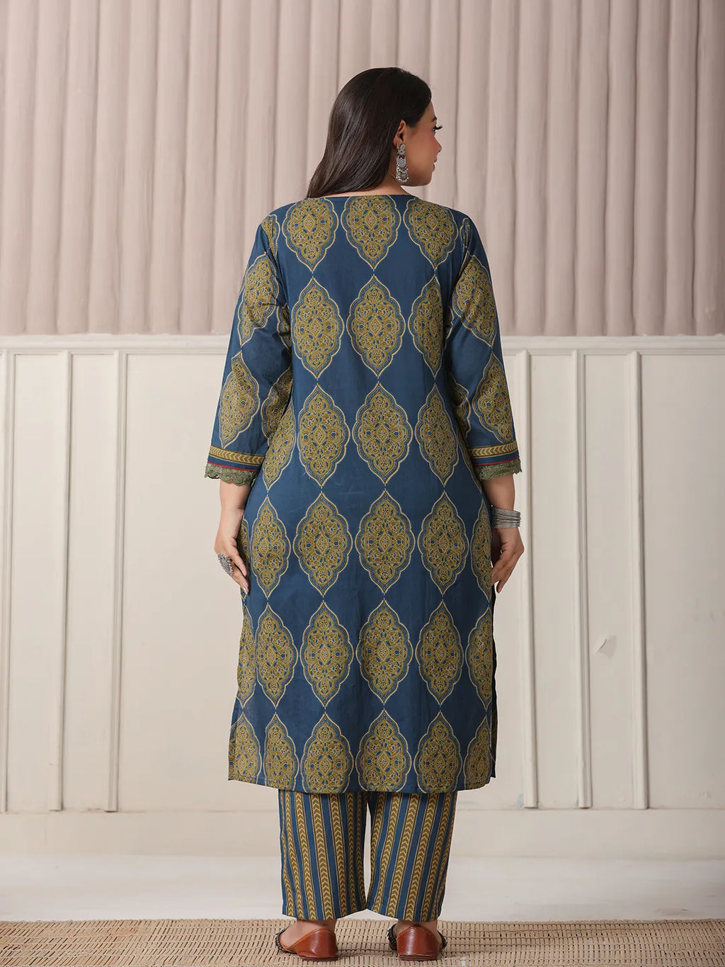 Yufta Blue Block Print Cotton Lace Work Plus Size Kurta Set With Pant & Dupatta | Grocsy