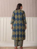 Yufta Blue Block Print Cotton Lace Work Plus Size Kurta Set With Pant & Dupatta | Grocsy