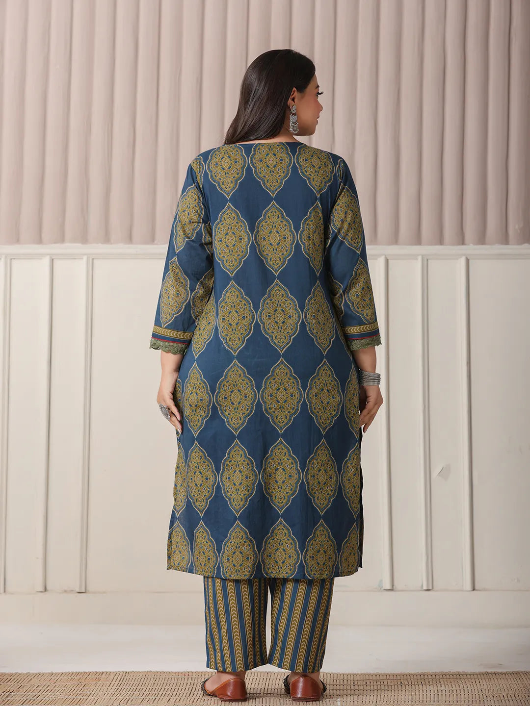 Yufta Blue Block Print Cotton Lace Work Plus Size Kurta Set With Pant & Dupatta | Grocsy