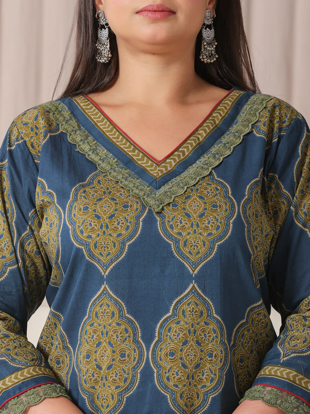 Yufta Blue Block Print Cotton Lace Work Plus Size Kurta Set With Pant & Dupatta | Grocsy