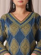 Yufta Blue Block Print Cotton Lace Work Plus Size Kurta Set With Pant & Dupatta | Grocsy