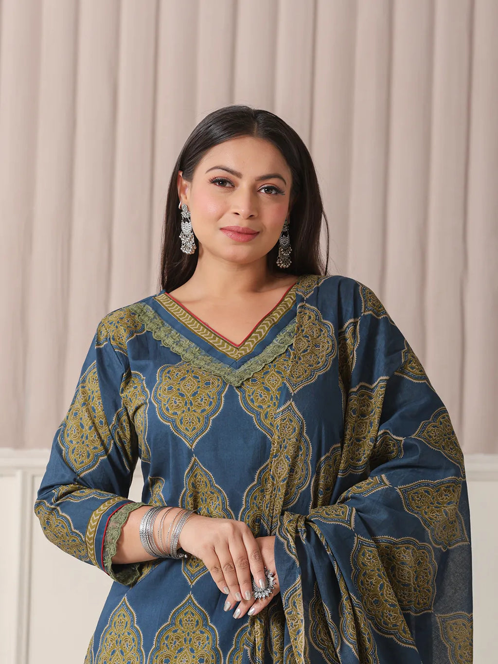 Yufta Blue Block Print Cotton Lace Work Plus Size Kurta Set With Pant & Dupatta | Grocsy