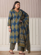 Yufta Blue Block Print Cotton Lace Work Plus Size Kurta Set With Pant & Dupatta | Grocsy