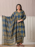 Yufta Blue Block Print Cotton Lace Work Plus Size Kurta Set With Pant & Dupatta | Grocsy