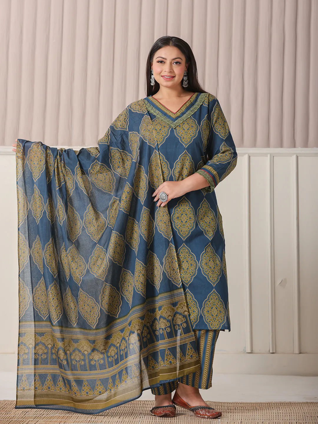 Yufta Blue Block Print Cotton Lace Work Plus Size Kurta Set With Pant & Dupatta | Grocsy