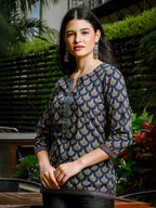 Yufta Blue Cotton Abstract Print Regular Top | Grocsy