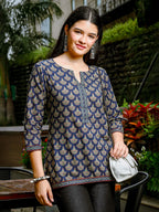 Yufta Blue Cotton Abstract Print Regular Top | Grocsy