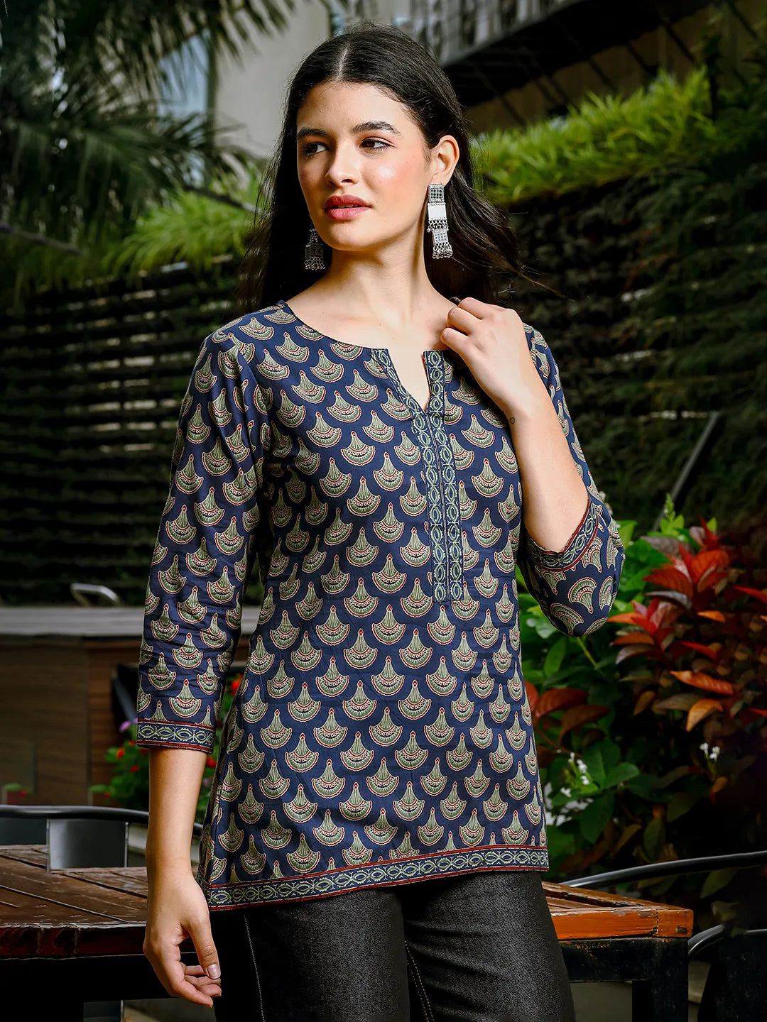 Yufta Blue Cotton Abstract Print Regular Top | Grocsy