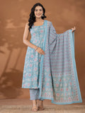 Yufta Blue Cotton Anarkali Square Neck Kurta Dupatta Set | Grocsy