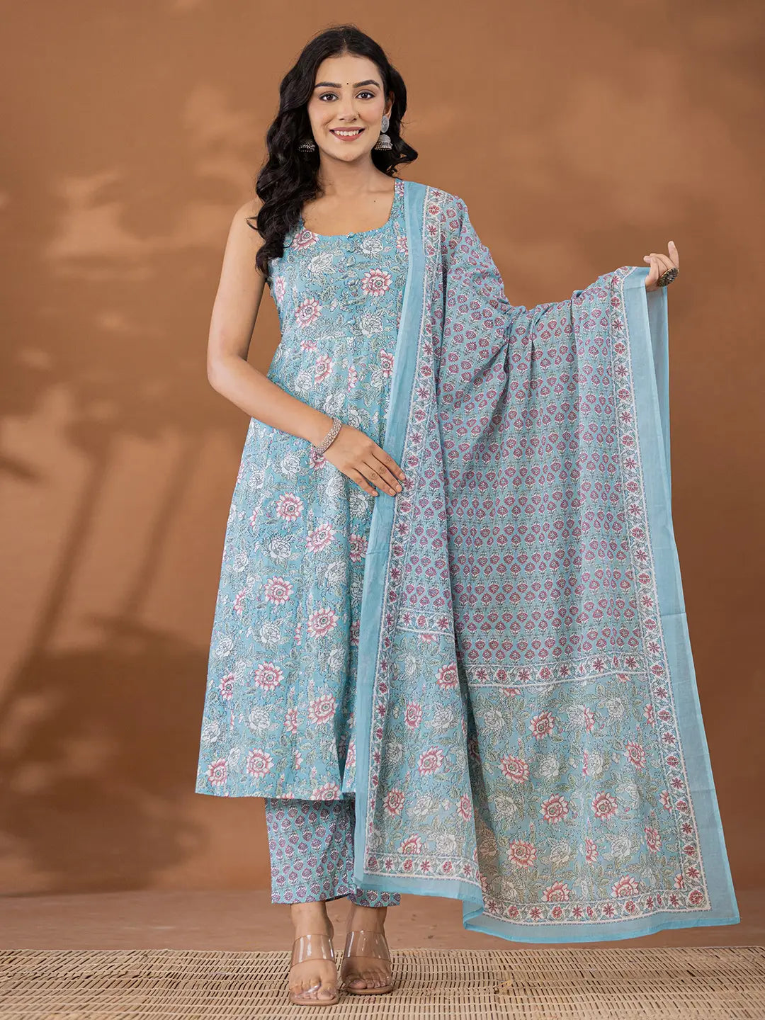 Yufta Blue Cotton Anarkali Square Neck Kurta Dupatta Set | Grocsy