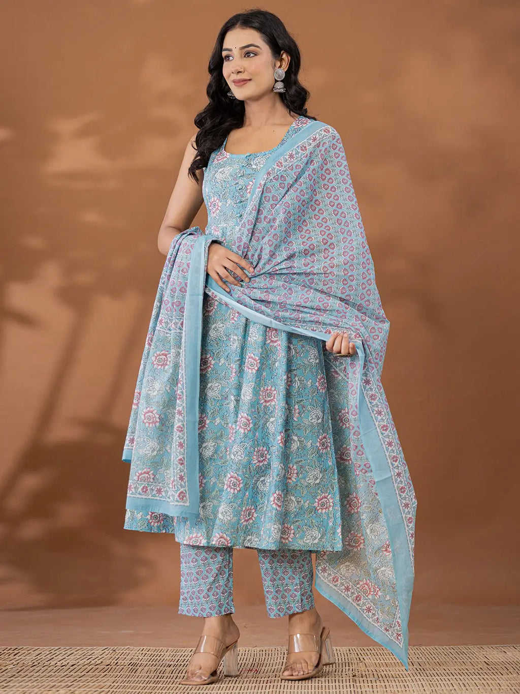 Yufta Blue Cotton Anarkali Square Neck Kurta Dupatta Set | Grocsy