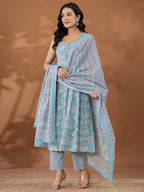 Yufta Blue Cotton Anarkali Square Neck Kurta Dupatta Set | Grocsy