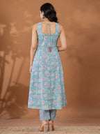 Yufta Blue Cotton Anarkali Square Neck Kurta Dupatta Set | Grocsy