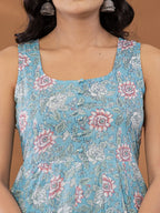 Yufta Blue Cotton Anarkali Square Neck Kurta Dupatta Set | Grocsy