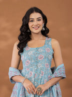 Yufta Blue Cotton Anarkali Square Neck Kurta Dupatta Set | Grocsy