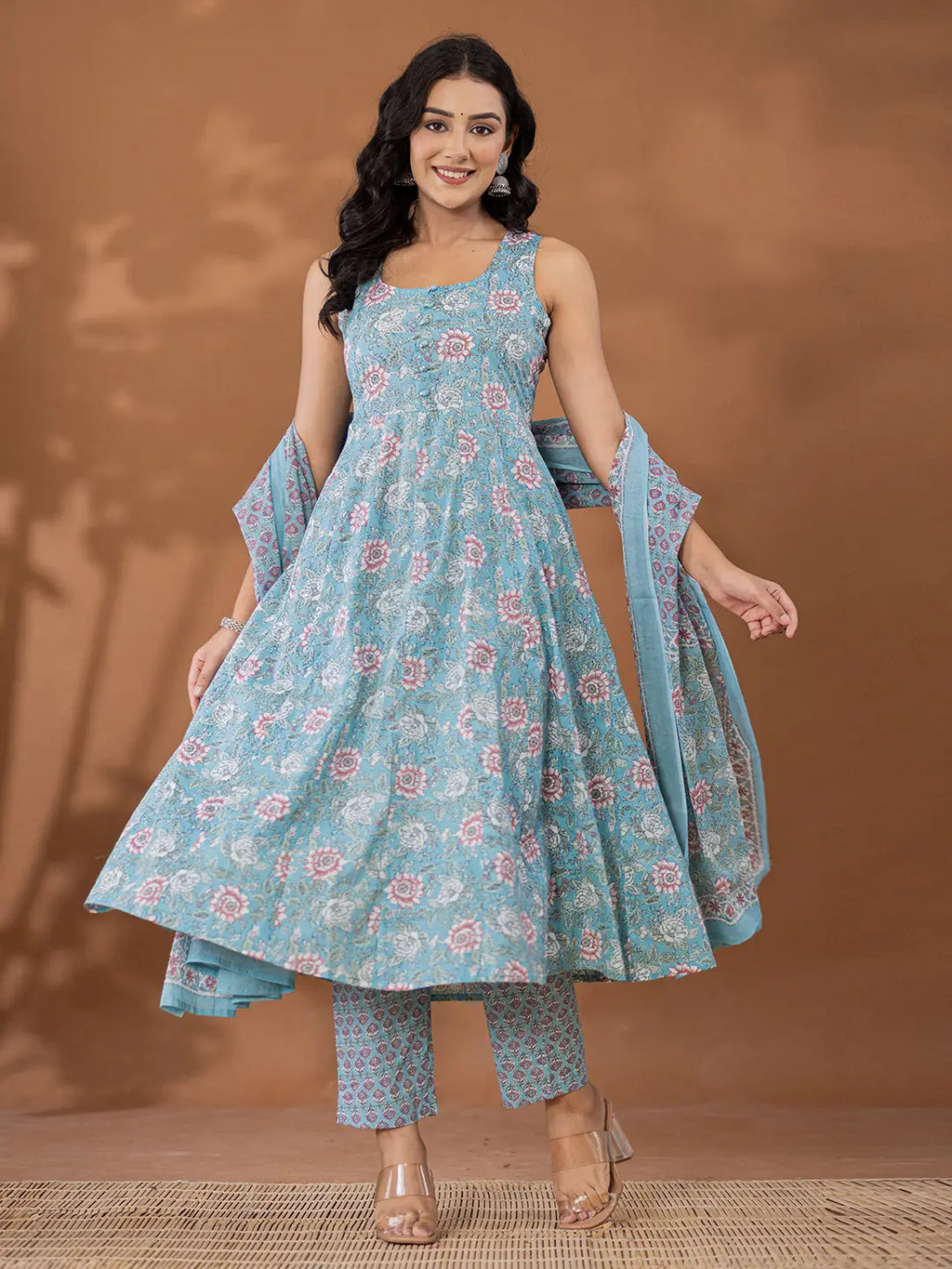 Yufta Blue Cotton Anarkali Square Neck Kurta Dupatta Set | Grocsy