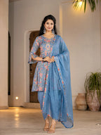 Yufta Blue Cotton Beads And Stones A-Line Gathers Kurta And Dhoti Pants With Dupatta Set | Grocsy