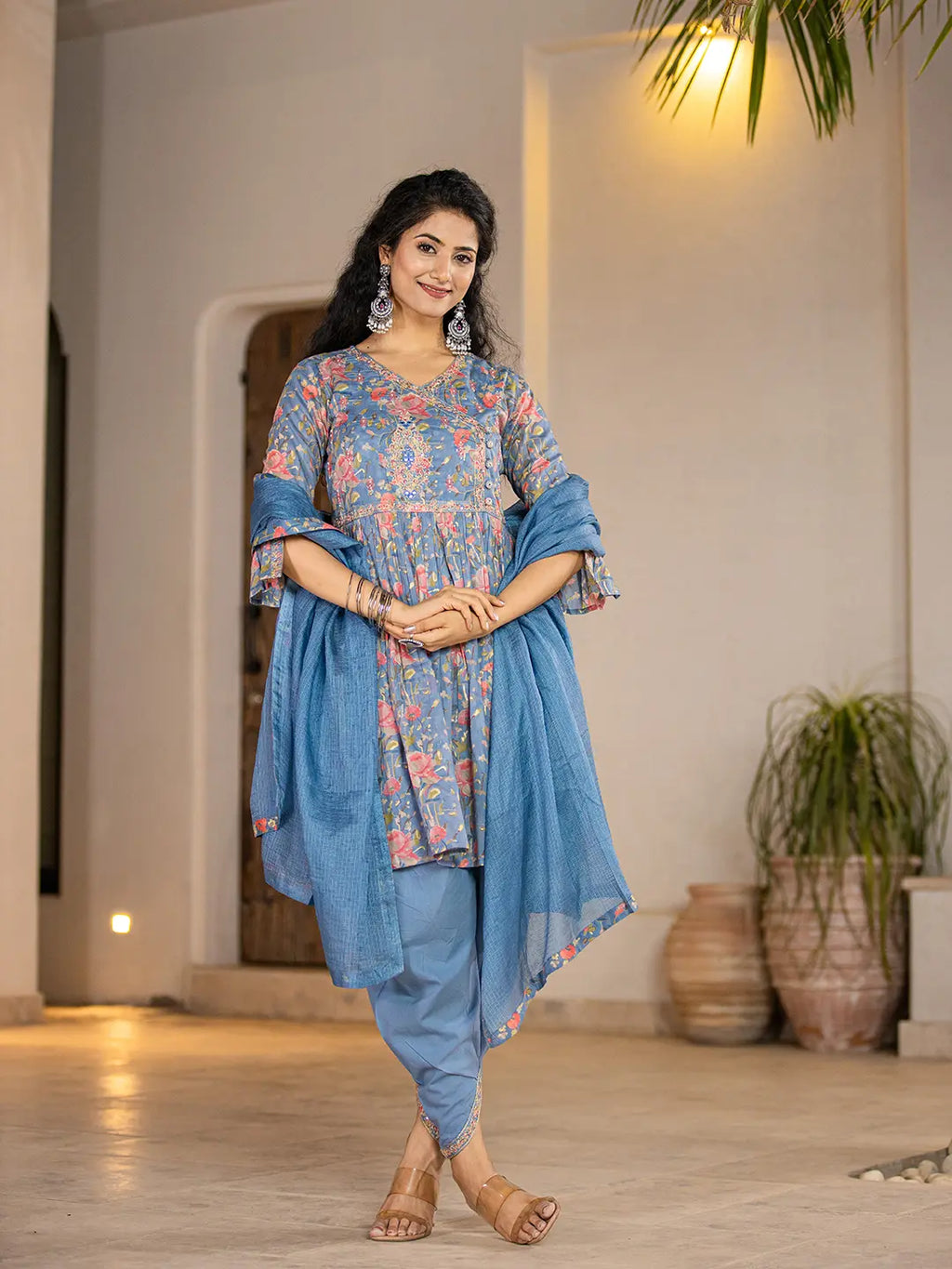 Yufta Blue Cotton Beads And Stones A-Line Gathers Kurta And Dhoti Pants With Dupatta Set | Grocsy