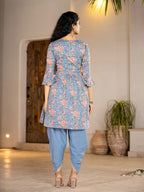 Yufta Blue Cotton Beads And Stones A-Line Gathers Kurta And Dhoti Pants With Dupatta Set | Grocsy