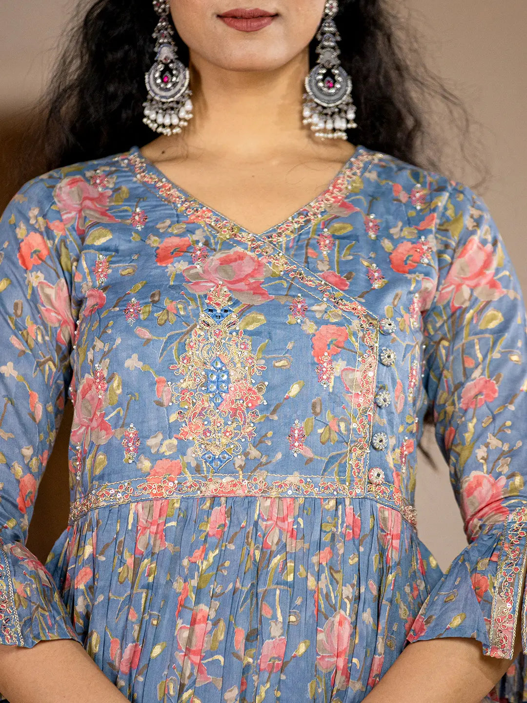 Yufta Blue Cotton Beads And Stones A-Line Gathers Kurta And Dhoti Pants With Dupatta Set | Grocsy