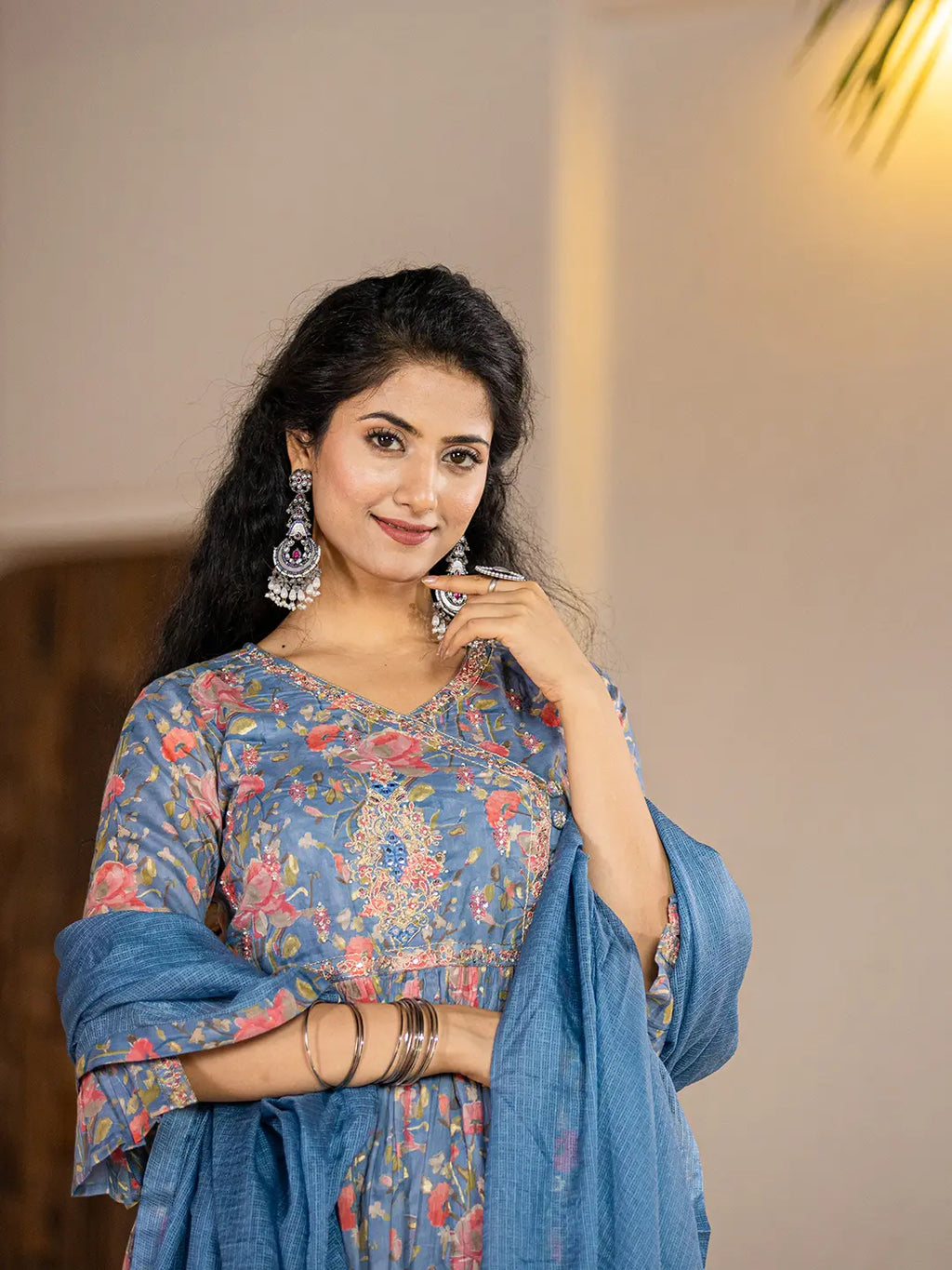 Yufta Blue Cotton Beads And Stones A-Line Gathers Kurta And Dhoti Pants With Dupatta Set | Grocsy